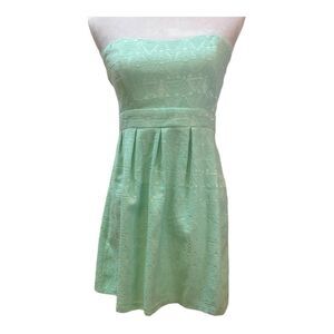 Mint Green Strapless Dress Textured Geo Pattern Smocked‎ Back Mini Dress